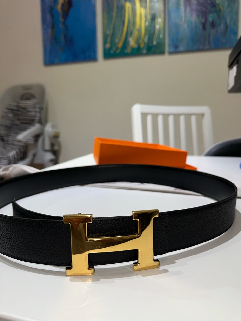 Men's Black Leather Belt with Gold 'H' Buckle